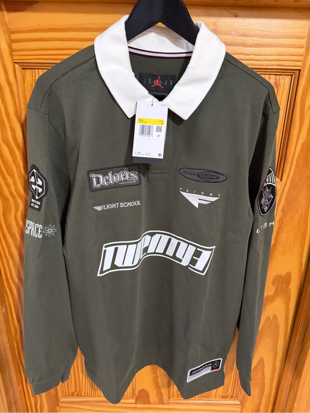 Men’s Olive Green Long-Sleeve Polo with White Contrast Collar